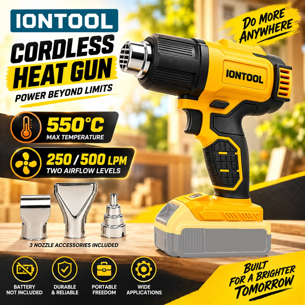 Cordless Heat Gun For Shrink Tubing - ไอออนทูล สีเหลือง 550 ℃ ปืนลมร้อนไร้สายขนาดกะทัดรัด ทำความร้อนเร็ว