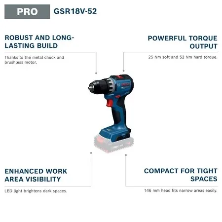 BOSCH GSR 18V-52 PRO สว่านไขคว - Brushless Cordless Electric Drill 18V บทวิจารณ์และราคา